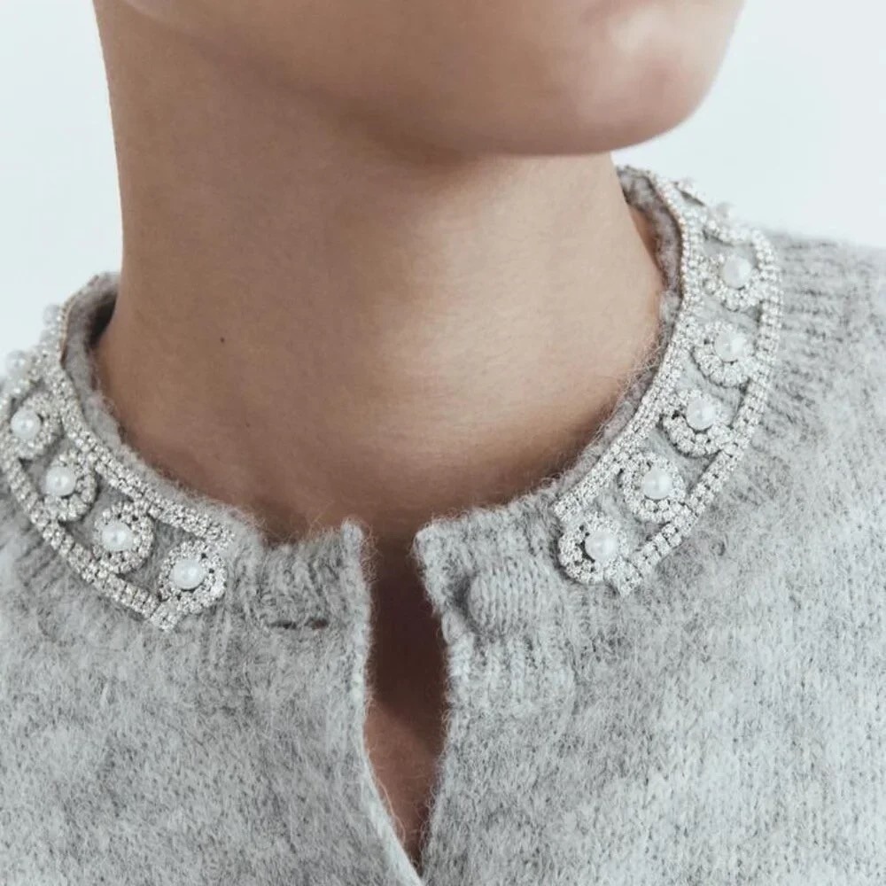 ZARA Jewel Embellished Gray Cropped Cardigan Sweater Knitwear Jewelled Large - Picture 5 of 16